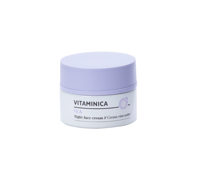 Tarro con tapa lila de la crema de noche Bioearth Vitaminica con vitamina A de 50 ml