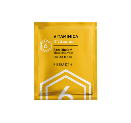 Sobre amarillo de la mascarilla facial Bioearth Vitaminica 6 Vitaminas de 15 ml