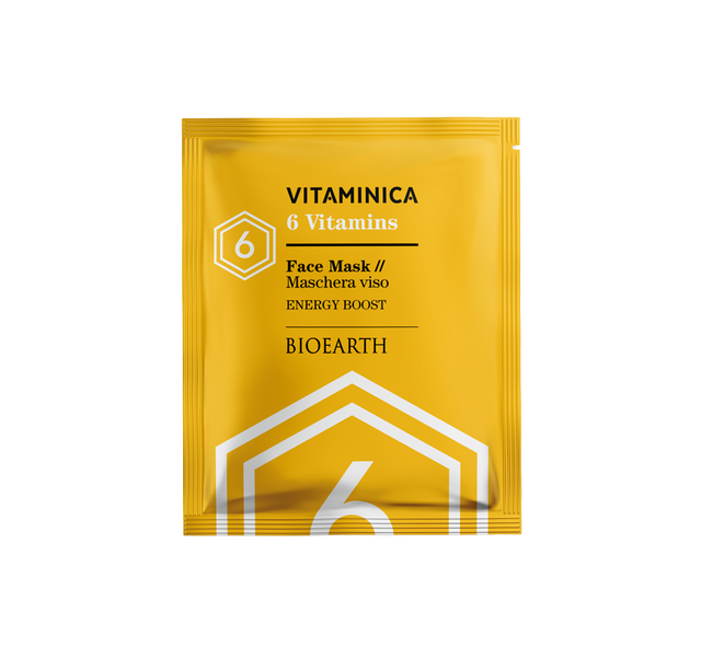 Sobre amarillo de la mascarilla facial Bioearth Vitaminica 6 Vitaminas de 15 ml