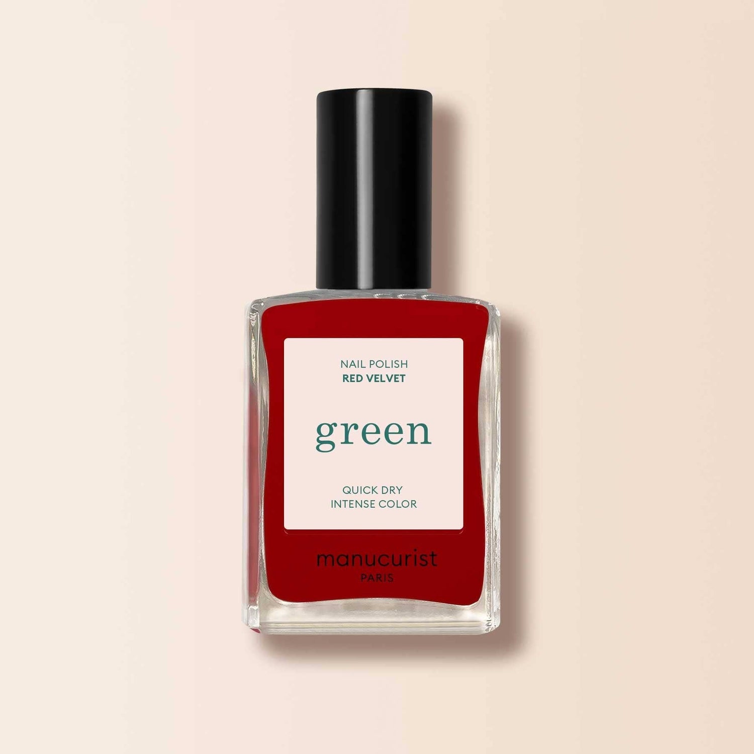 Frasco de esmalte de uñas Manucurist Green color Red Velvet, un rojo intenso vibrante en Biovardi.