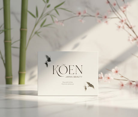 Pack Anti-brillos KÕEN Japan Beauty con tónico Mizu y crema Hito sobre estante de madera en tienda Biovardi.