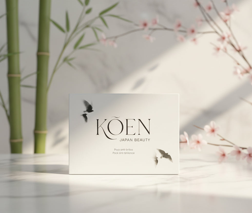 Pack Anti-brillos KÕEN Japan Beauty con tónico Mizu y crema Hito sobre estante de madera en tienda Biovardi.