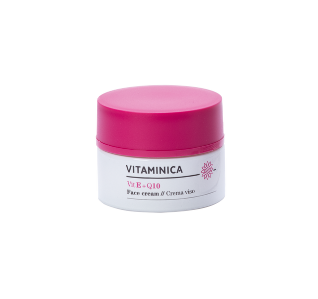 Tarro con tapa rosa de la crema Bioearth Vitaminica de vitamina E y Q10 de 50 ml
