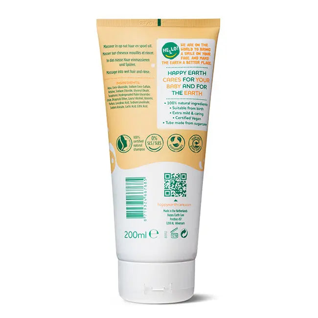 Reverso del tubo de champú sin jabón Happy Earth Baby & Kids de 200 ml