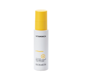 Envase blanco con tapón amarillo de la bruma facial Bioearth Vitaminica 6 Vitaminas de 100 ml