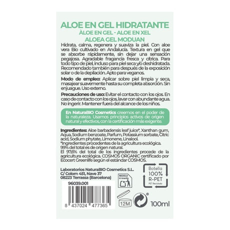 Etiqueta posterior con ingredientes y modo de uso de NaturaBIO Gel hidratante de aloe vera 100 ml
