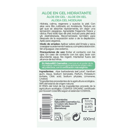 Etiqueta posterior con ingredientes y modo de uso de NaturaBIO Gel hidratante de aloe vera 500 ml