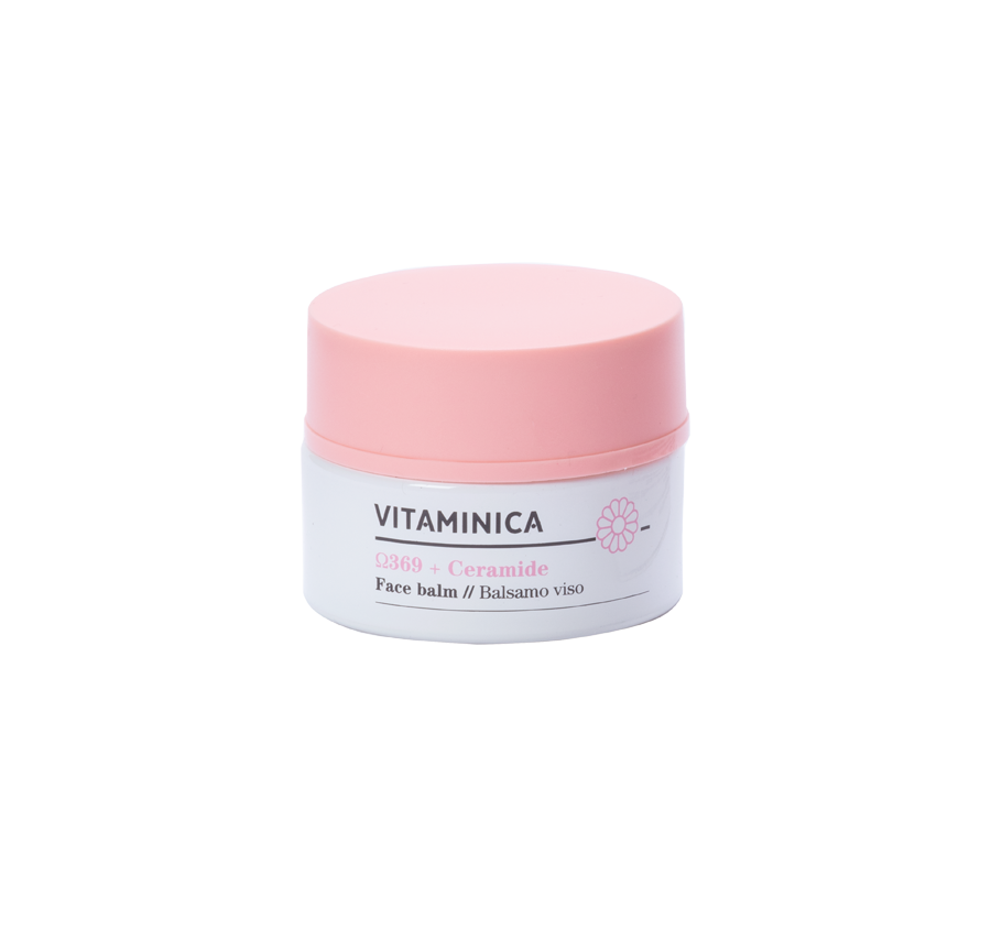Tarro con tapa rosa claro del bálsamo Bioearth Vitaminica Omega 3-6-9 y ceramida de 50 ml