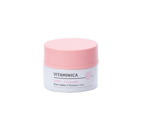 Tarro con tapa rosa claro del bálsamo Bioearth Vitaminica Omega 3-6-9 y ceramida de 50 ml
