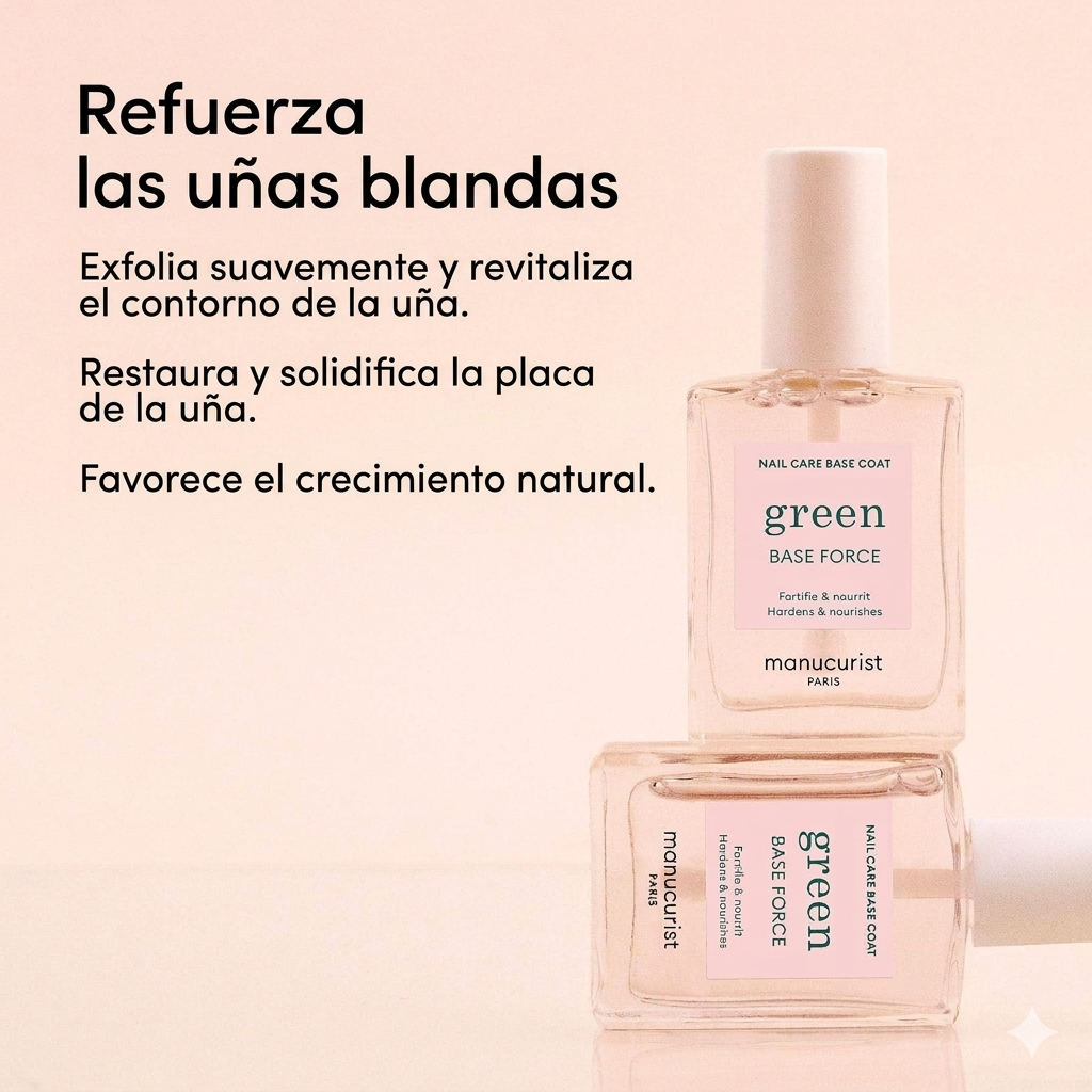 Infografía de la Base Fortificante Manucurist: refuerza uñas blandas, favorece el crecimiento y solidifica la placa.