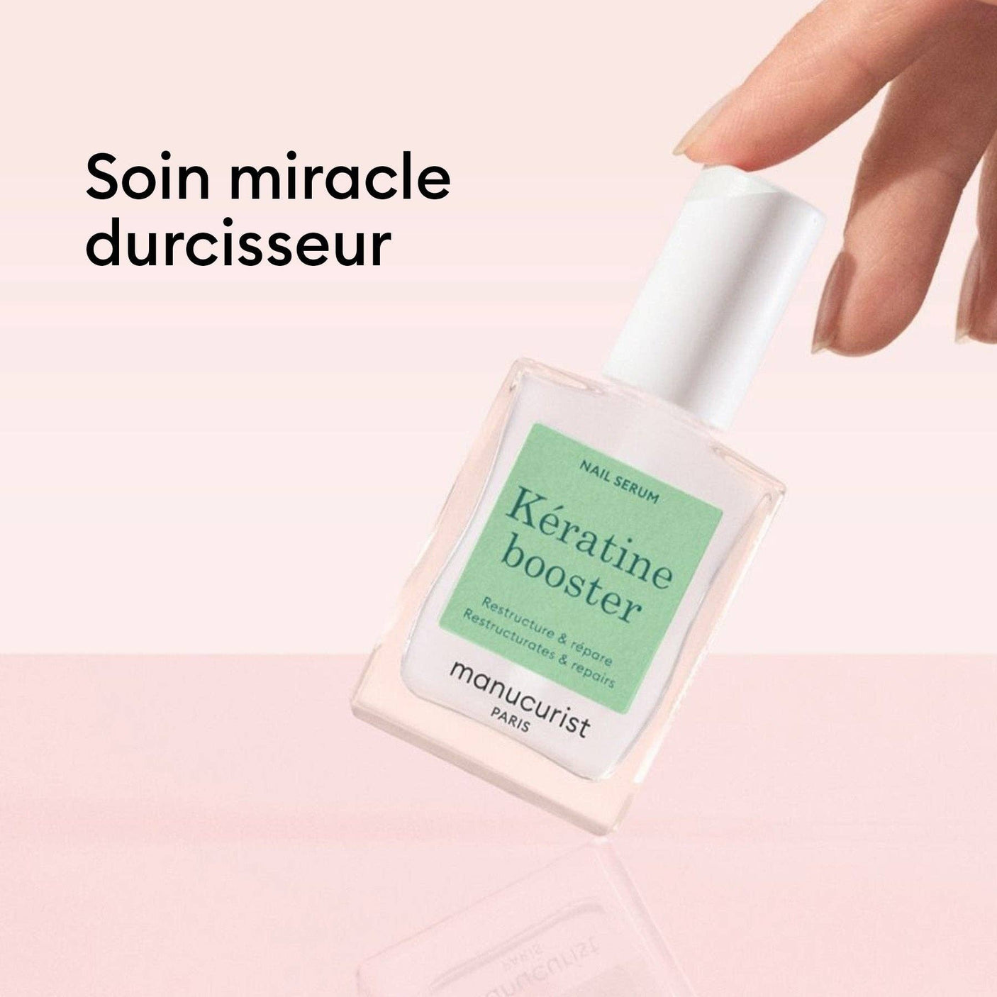 Infografía del serum milagroso endurecedor Kératine Booster para uñas dañadas.