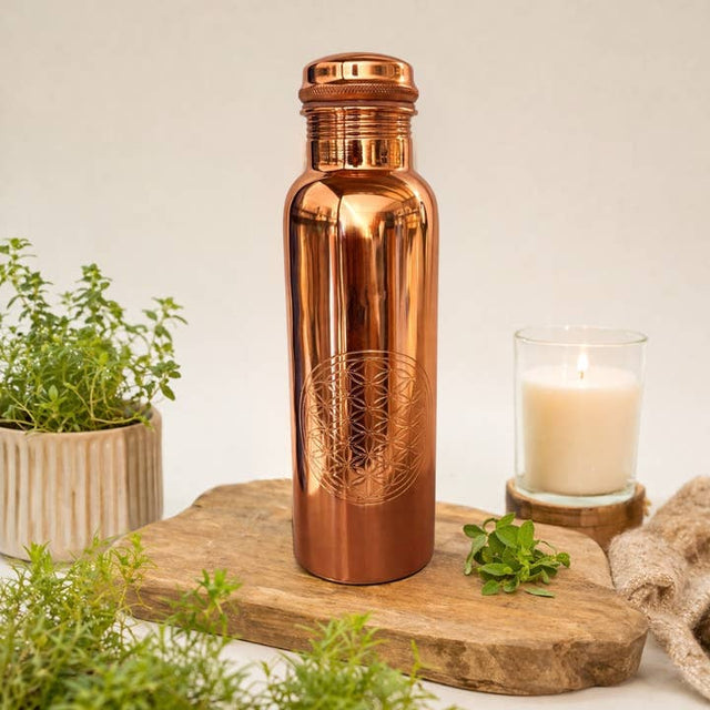 Botella de cobre Flor de la Vida pulida 1 L