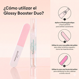 Guía de pasos para usar el Glossy Booster Duo: exfoliar, alisar y abrillantar la uña.