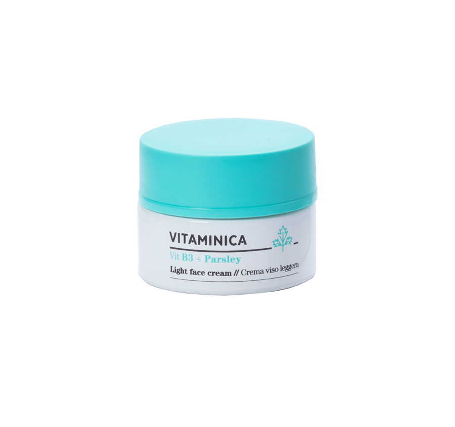 Tarro con tapa turquesa de la crema ligera Bioearth Vitaminica de niacinamida y perejil de 50 ml