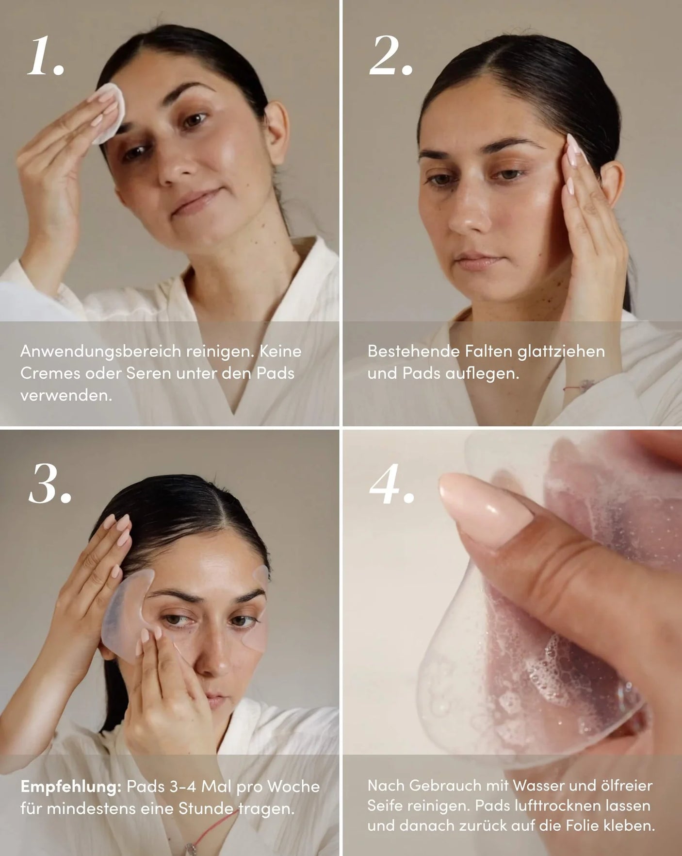 Detalle de pads de silicona reutilizables para contorno de ojos y sienes con ectoína