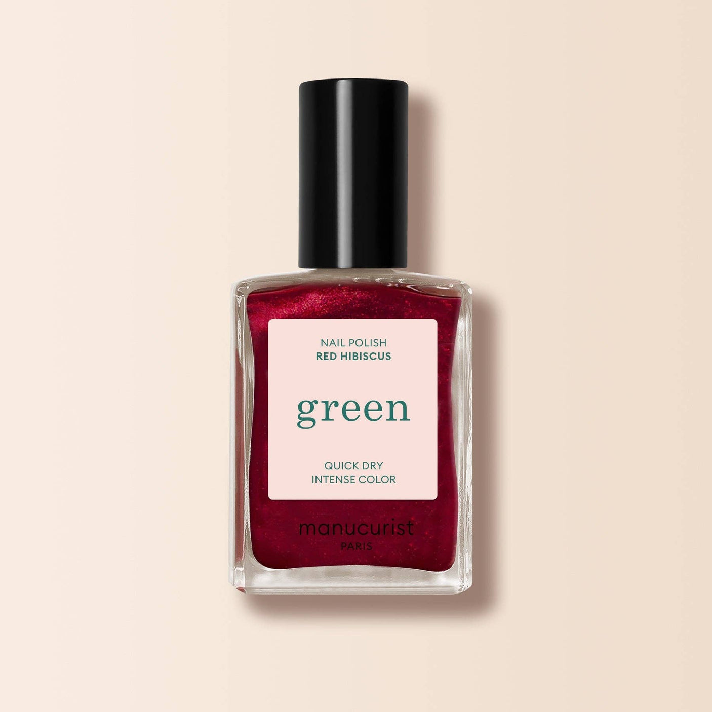 Frasco de esmalte de uñas Manucurist Green color Red Hibiscus, un rojo vibrante y profundo en Biovardi.