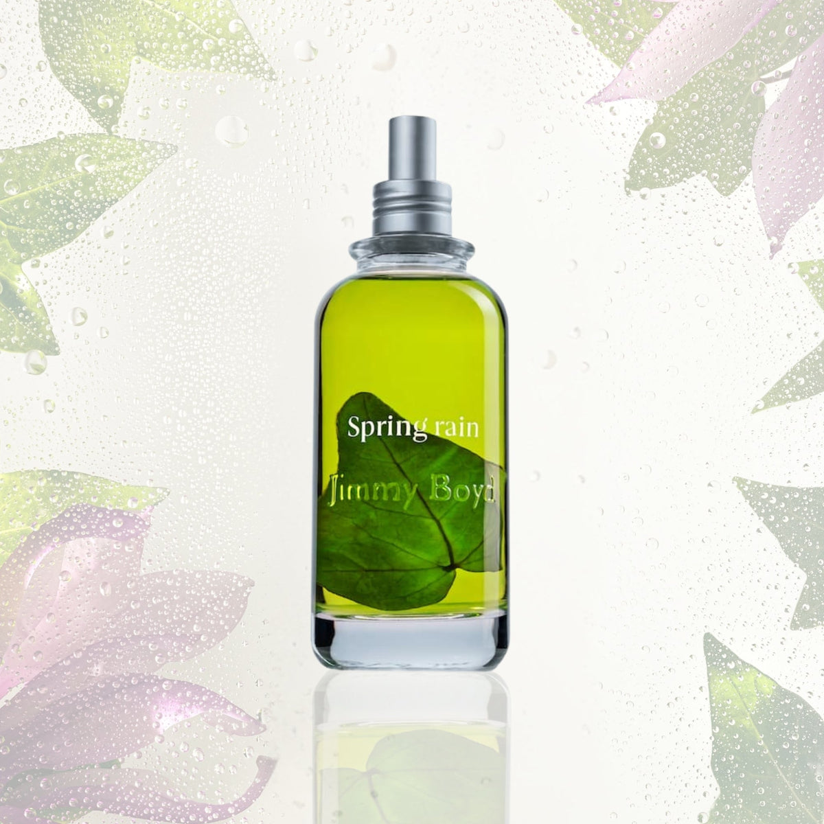 Frasco verde de Jimmy Boyd Spring Rain de 200 ml con hojas en su interior y fondo botánico
