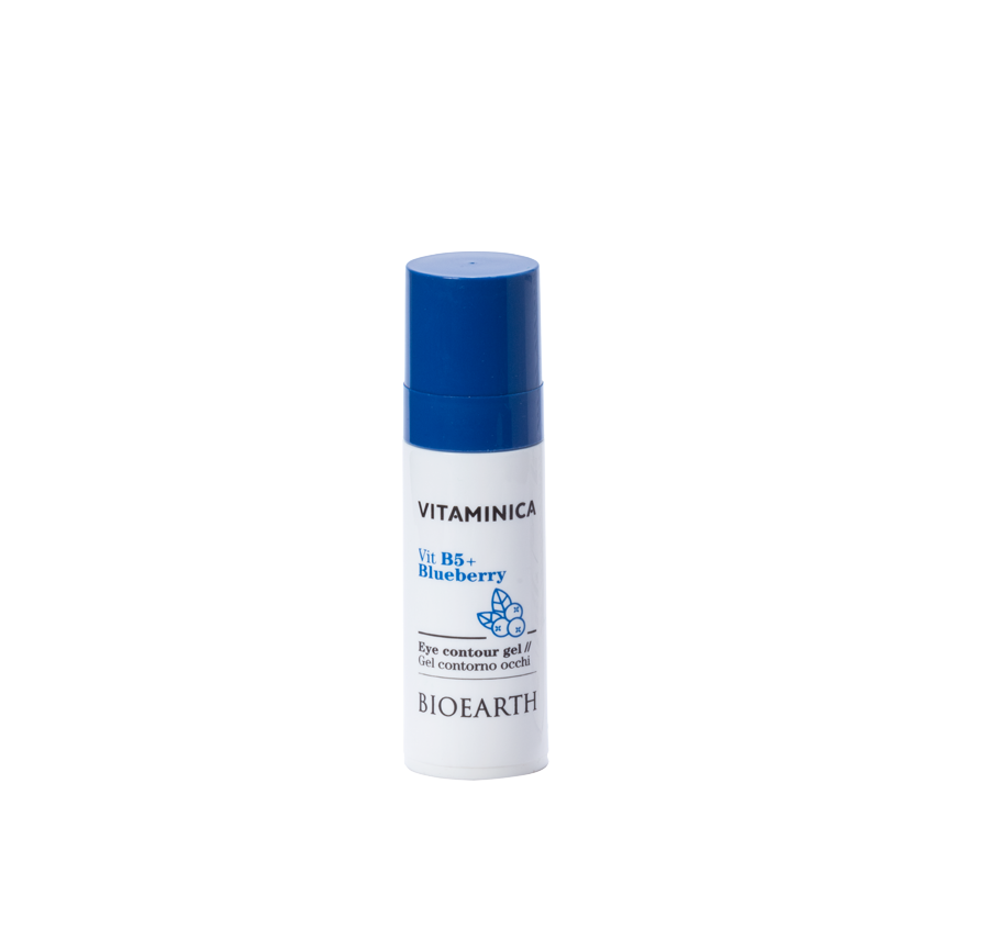 Envase blanco con tapón azul del contorno de ojos Bioearth Vitaminica B5 y arándano de 30 ml
