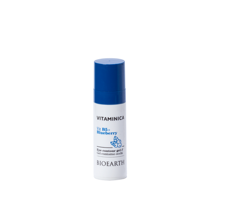 Envase blanco con tapón azul del contorno de ojos Bioearth Vitaminica B5 y arándano de 30 ml