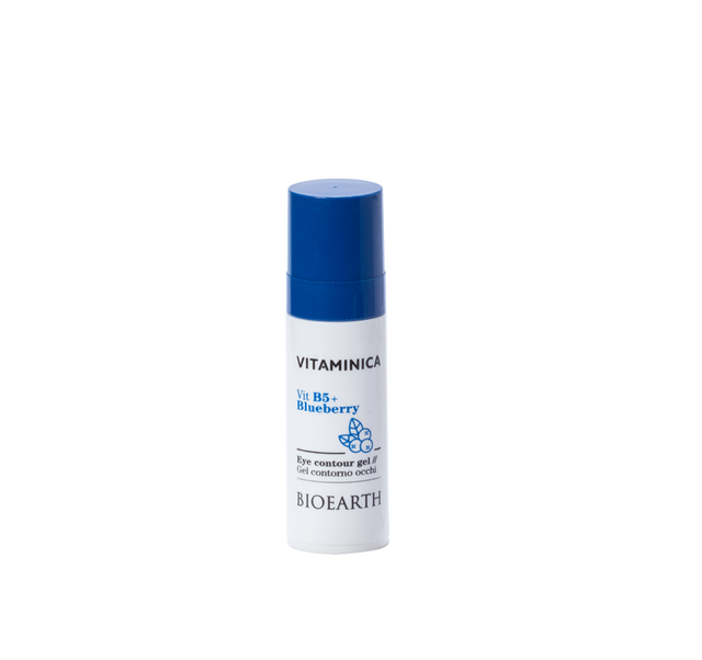 Envase blanco con tapón azul del contorno de ojos Bioearth Vitaminica B5 y arándano de 30 ml