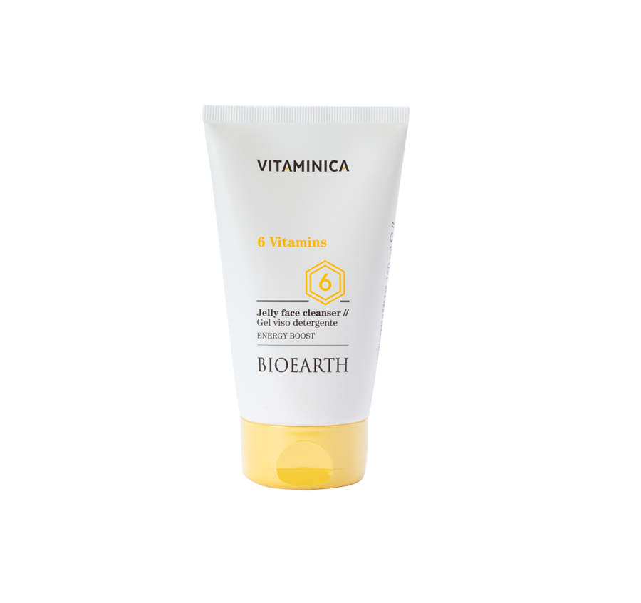 Tubo blanco y amarillo del gel limpiador Bioearth Vitaminica 6 Vitaminas de 150 ml