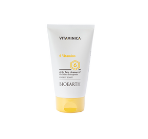 Tubo blanco y amarillo del gel limpiador Bioearth Vitaminica 6 Vitaminas de 150 ml