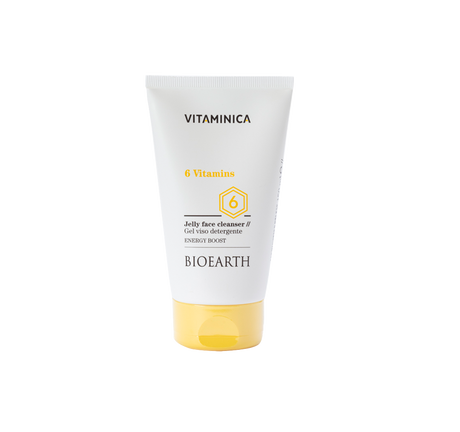 Tubo blanco y amarillo del gel limpiador Bioearth Vitaminica 6 Vitaminas de 150 ml