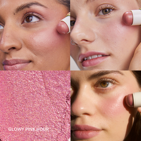 Aplicación y textura del colorete Pure U Glowy Pink Hour en mejillas y labios