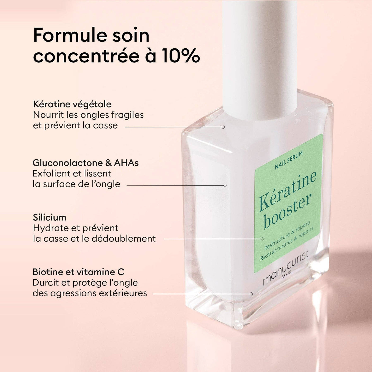 Fórmula concentrada con queratina vegetal, biotina y vitamina C para regenerar las uñas.