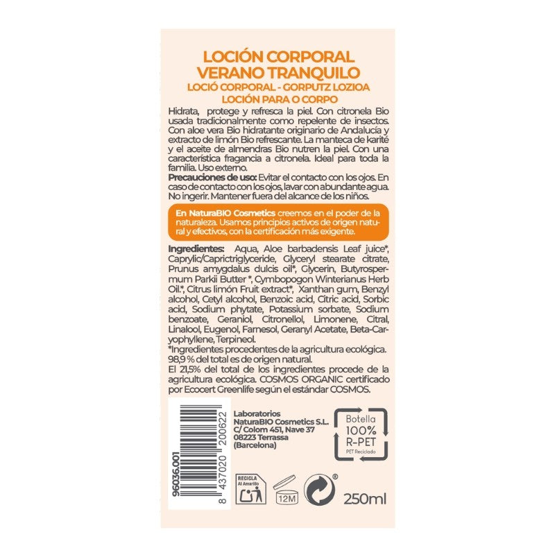 Etiqueta posterior con ingredientes y modo de uso de NaturaBIO Verano Tranquilo Loción con citronela 250 ml