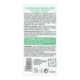 Etiqueta posterior con ingredientes y modo de uso de NaturaBIO Gel hidratante de aloe vera 250 ml