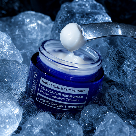 Textura de Odacité Cellular Infusion Cream en una espátula junto al tarro azul sobre hielo