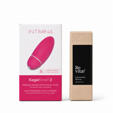Pack Intimina KegelSmart 2 y Be Vitae sobre fondo blanco