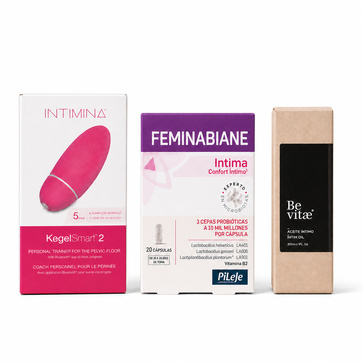 Pack KegelSmart 2, Feminabiane Intima y Be Vitae sobre fondo blanco