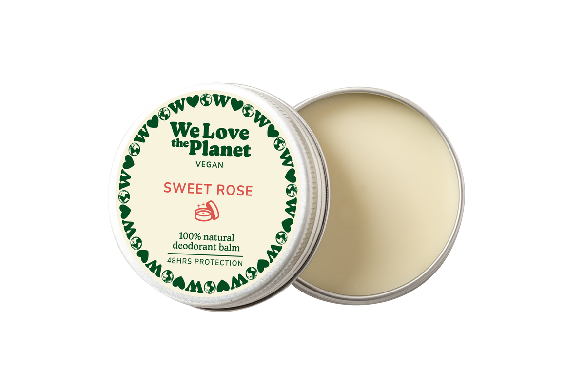 Lata abierta y textura del desodorante We Love The Planet Sweet Rose de 35 g