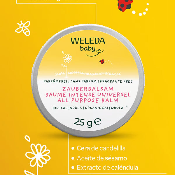 Bálsamo multiusos de caléndula Weleda de 25 g en lata, con sus ingredientes destacados