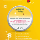 Bálsamo multiusos de caléndula Weleda de 25 g en lata, con sus ingredientes destacados