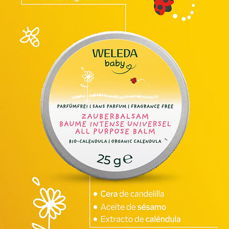 Bálsamo multiusos de caléndula Weleda de 25 g en lata, con sus ingredientes destacados