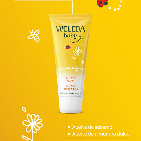 Crema de pañal de caléndula Weleda de 75 ml con sus ingredientes destacados